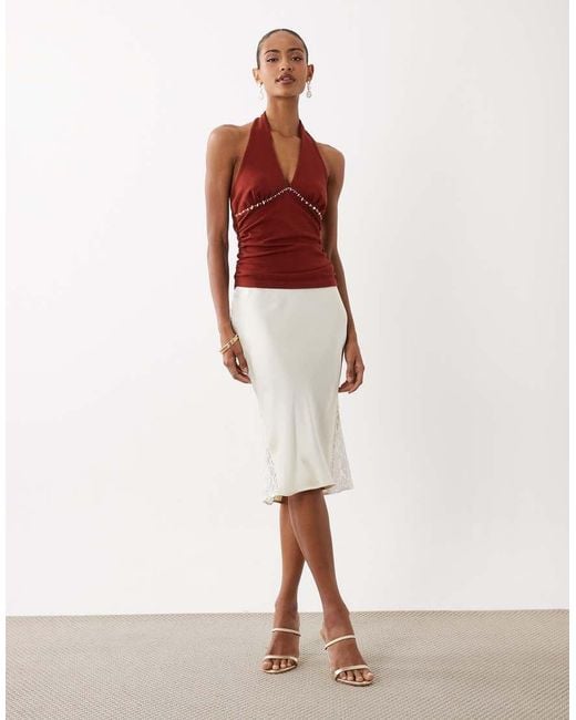 ASOS Red Compact Cotton Ruched Halter Neck Top With Bead Detail