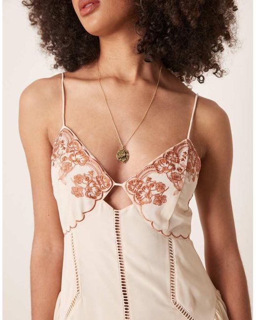 ASOS Natural Contrast Embroidered Cami Midi Dress With Ladder Trim Details