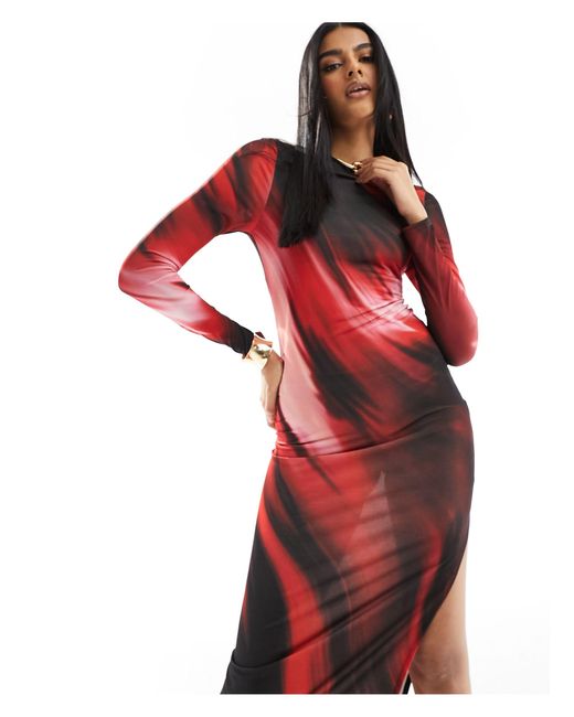 Miss Selfridge Red Long Sleeve Maxi Ombre Print Dress