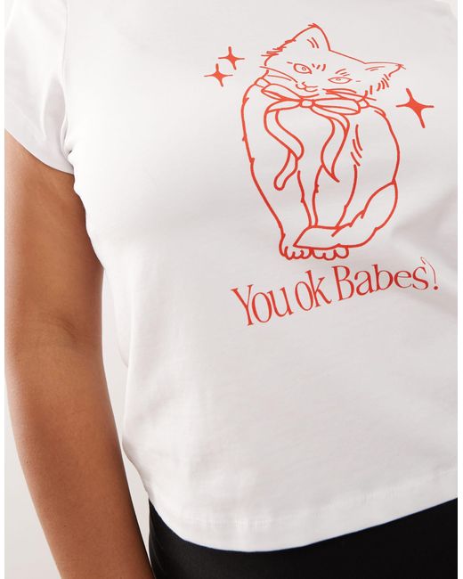 Noisy May White Baby Tee With Cat Graphic