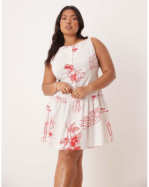 Asos design curve - robe boutonnée courte à imprimé fleurs rouge avec taille basse et encolure bateau ASOS en coloris Pink