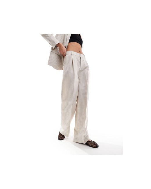 Pantalon droit d'ensemble en lin mélangé à rayures - beige Mango en coloris White