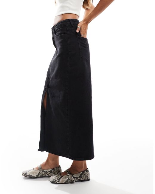 Vila Black High Waisted Denim Front Split Midi Skirt