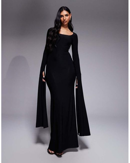 ASOS Black Scoop Neck Maxi Dress With Exaggerated Drape Floor Length Sleeve