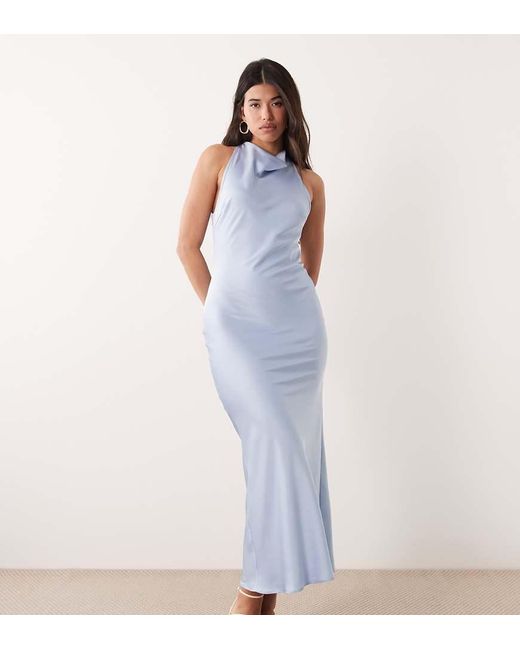 Kaiia Blue Exclusive Satin High Cowl Neck Lace Back Detail Maxi Dress