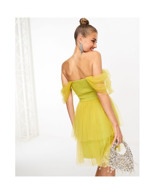 LACE & BEADS Yellow Off Shoulder Tulle Mini Dress