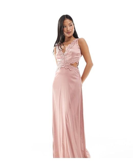 TFNC London Pink Bridesmaid Satin Maxi Dress With Scalloped Lace Detail