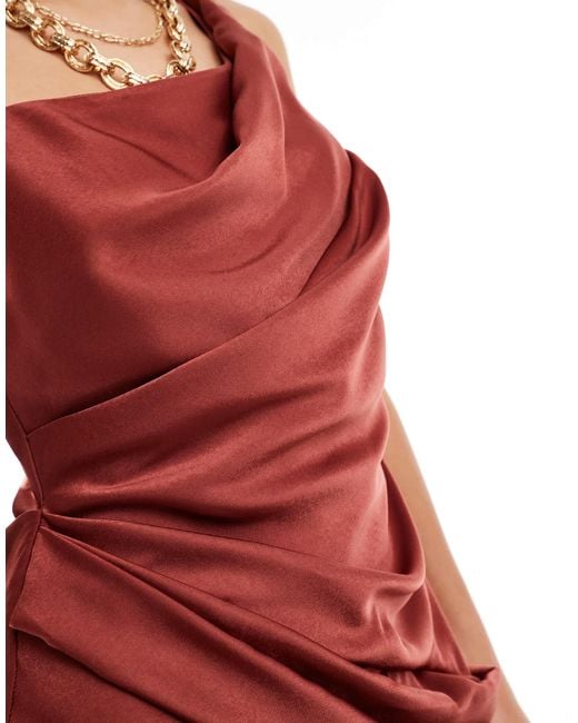 ASOS Red Satin Asymmetric Shoulder Drape Bodice Maxi Dress With Side Split