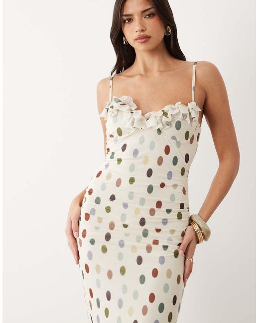 ASOS Natural Printed Polka Dot Stretch Chiffon Midi Dress With Frill Bust Detailing