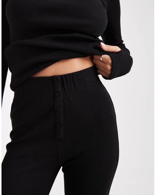 Threadbare Black Ribbed Button Down Long Sleeve Loungewear Set