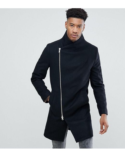 Religion Black Tall Coat With Asymmetric Zip for men