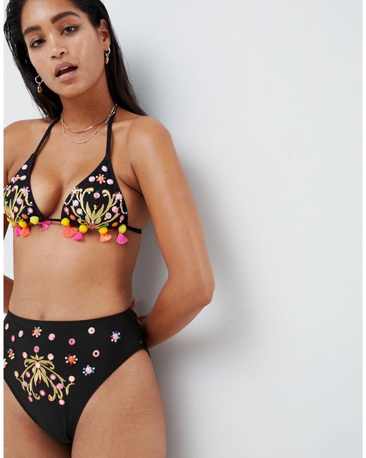 black high waisted pom pom bikini