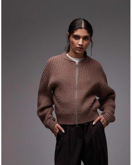 & Other Stories Gray Ribbed Knitted Bomber Cardigan With Leather Tab Detail