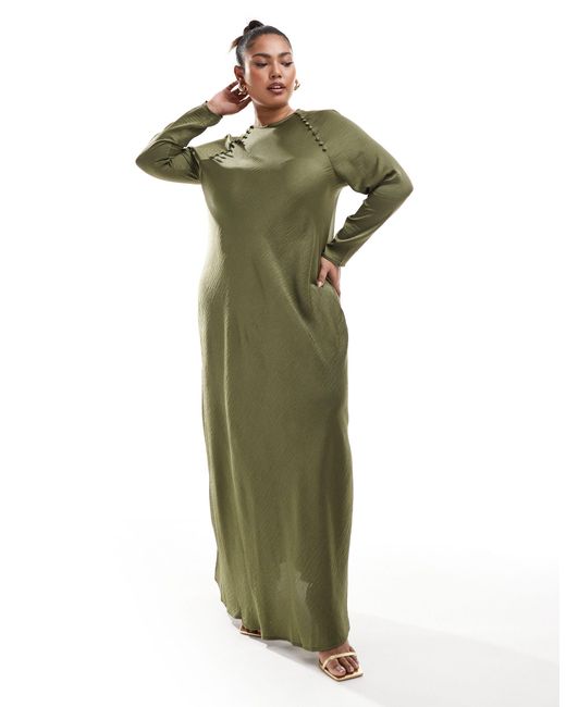 ASOS Green Asos Design Curve Satin Biased Maxi Dress With Button Detail