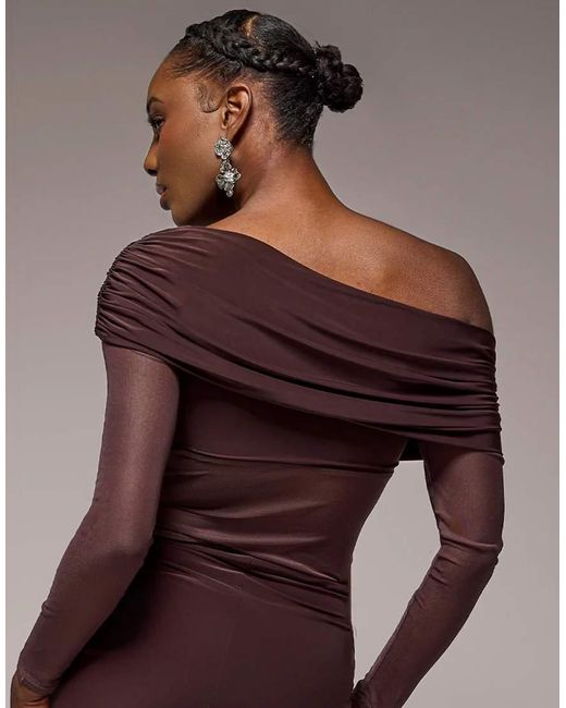 Goddiva Purple Gathered Bardot Asymmetric Mesh Panel Top