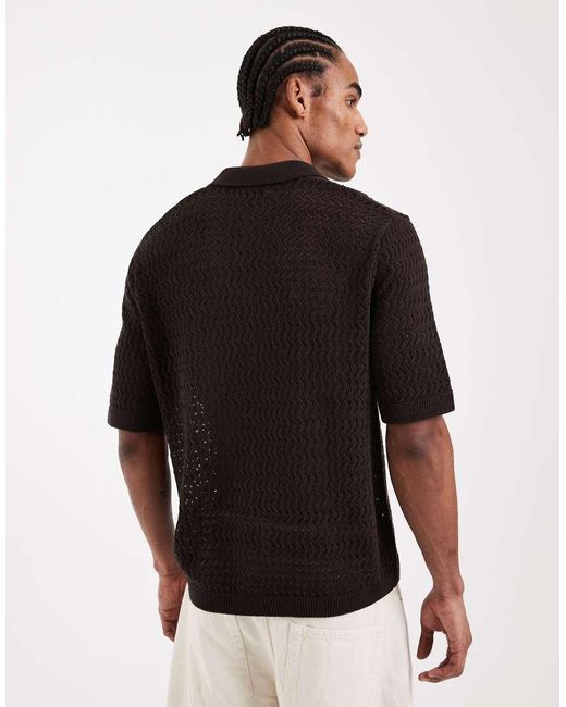 Only & Sons Black Open Knit Split Neck Polo for men