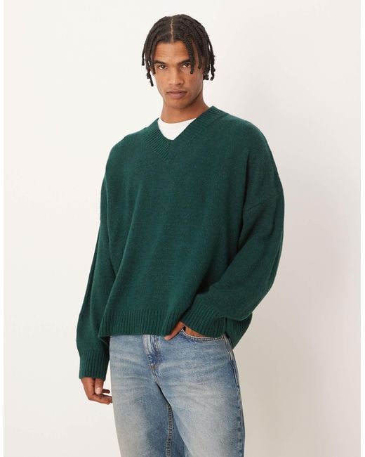 ASOS Men's Green Super Oversized Boxy Fit Knitted V-neck Sweater - Main Image