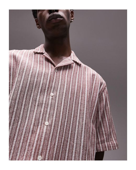 Topman Purple Short Sleeve Relaxed Revere Textu Stripe Shirt for men