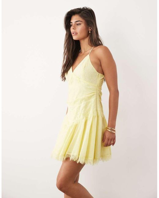 ASOS Natural Halterneck Mini Dress With Lace Trim Details