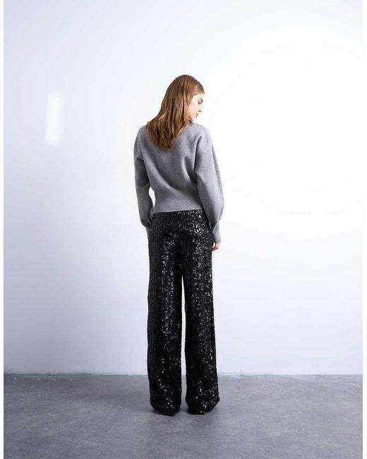 Pantaloni A Fondo Ampio Neri Con Paillettes di TOPSHOP in White