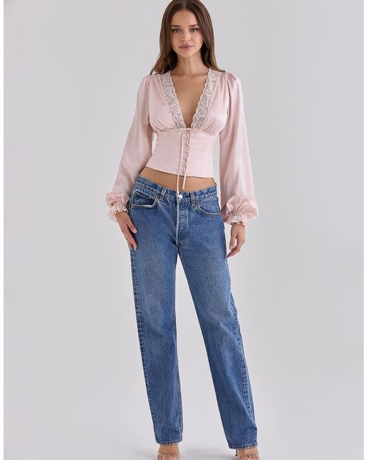 House Of Cb Blue Luciana Real Silk Long Sleeve Lace Trim Top