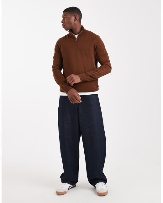 Threadbare Brown 1/4 Zip Jumper for men
