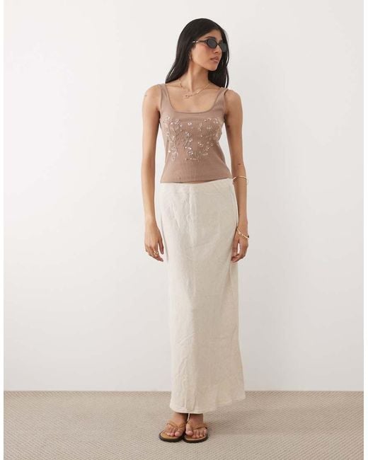 Miss Selfridge Natural Embellished Rib Square Neck Top
