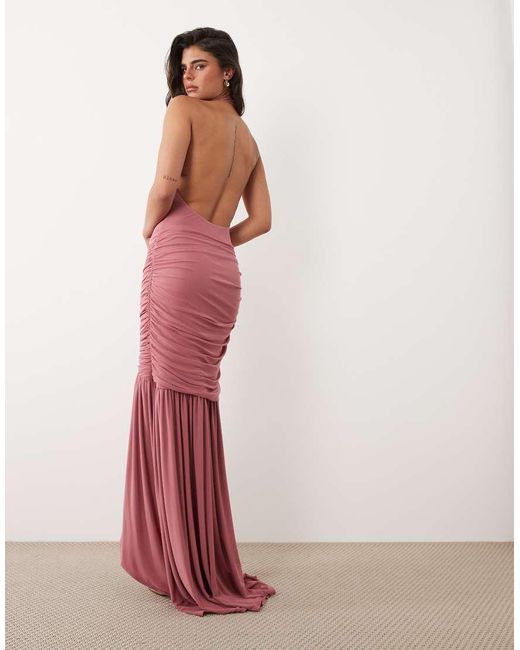 ASOS Pink High Neck Cowl Mesh Maxi Dress With Frill Split Detail