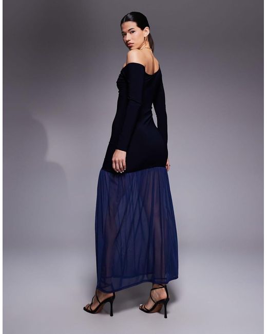 ASOS Purple Knot Neck Detail Off Shoulder Maxi Dress With Sheer Skirt