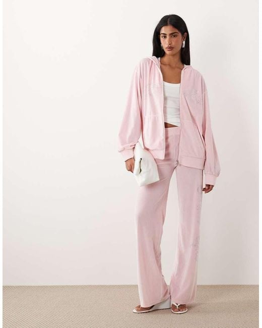 I.AM.GIA Pink Daria Velour Diamante Logo Detail Zip Through Hoodie Co-ord