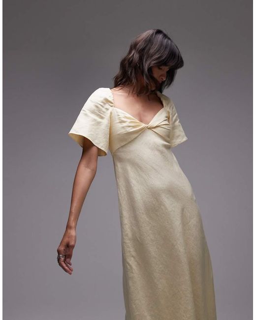 & Other Stories Gray Linen Puff Sleeve Midaxi Dress With Twist Sweetheart Neckline