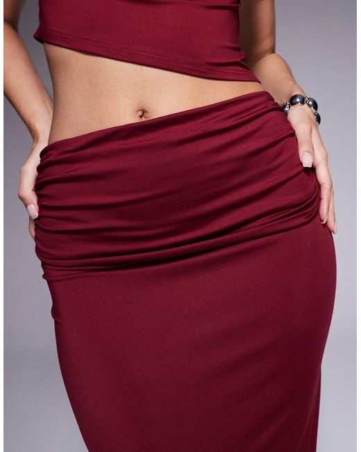 The Frolic Red Exclusive Double Sculpted Slinky Drape Ruched Front Detail Maxi Skirt