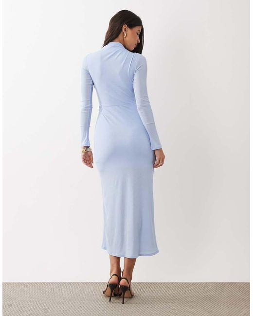 ASOS Blue Ruched Mesh High Neck Long Sleeve Midi Dress