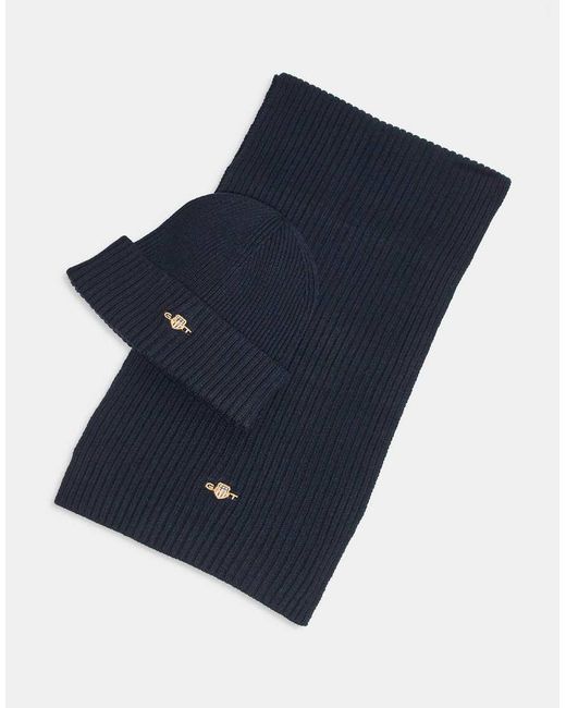 Gant Blue Cable Knit Beanie And Scarf Gift Set
