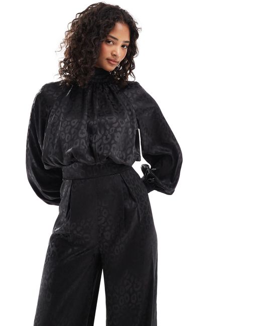 TFNC London Black High Neck Satin Jumpsuit With Long Sleeves