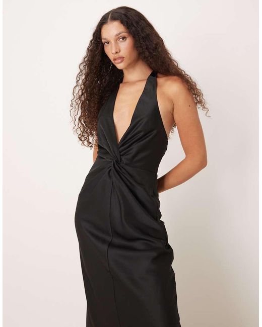 Six Stories Black Twist Front Satin Maxi Dress