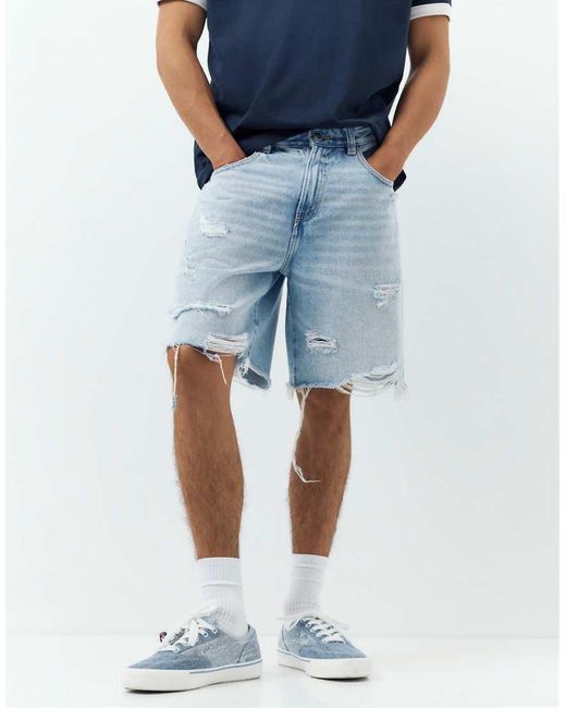Pull&Bear Blue Straight-leg Denim Bermuda Shorts for men