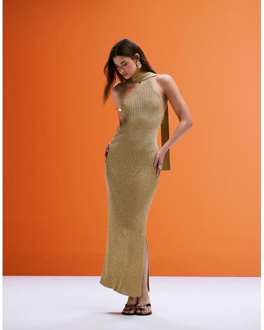 Aria Cove Orange Metallic Knitted Halterneck Scarf Detail Side Split Maxi Beach Dress