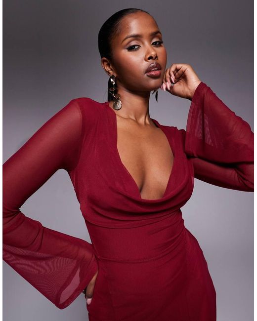 ASOS Red Mesh Angel Sleeve Lace Up Back Long Sleeve Maxi Dress