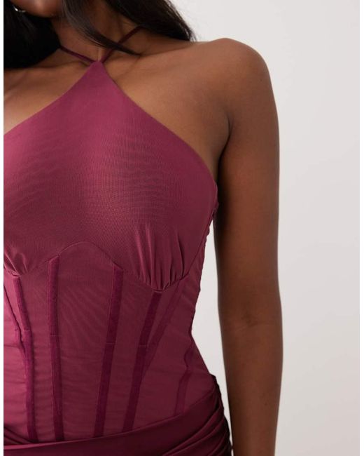 ASOS Purple Premium Halterneck Corset Fishtail Maxi Dress With Drape Detail