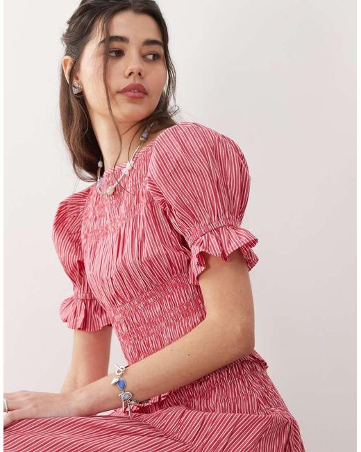 Reclaimed Vintage Pink Midi Sun Dress With Puff Sleeve And Shirred Detail