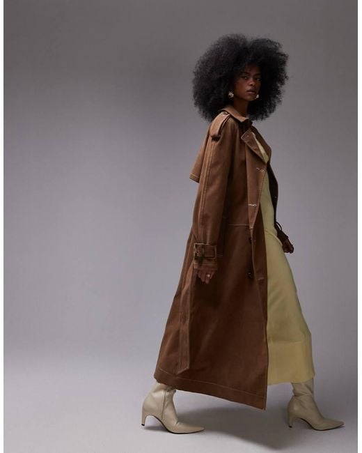 TOPSHOP Brown Longline Oversized Faux Suede Trench Coat