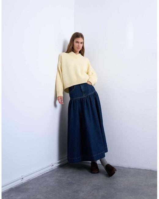 TOPSHOP Blue Denim Maxi Skirt With Gathered Yoke Detail