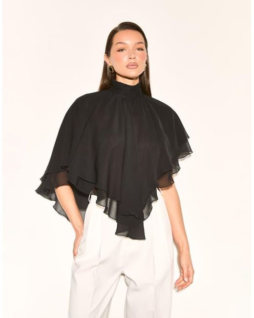 Noughts & Kisses Black Alma Chiffon High Neck Layered Ruffle Cape Top