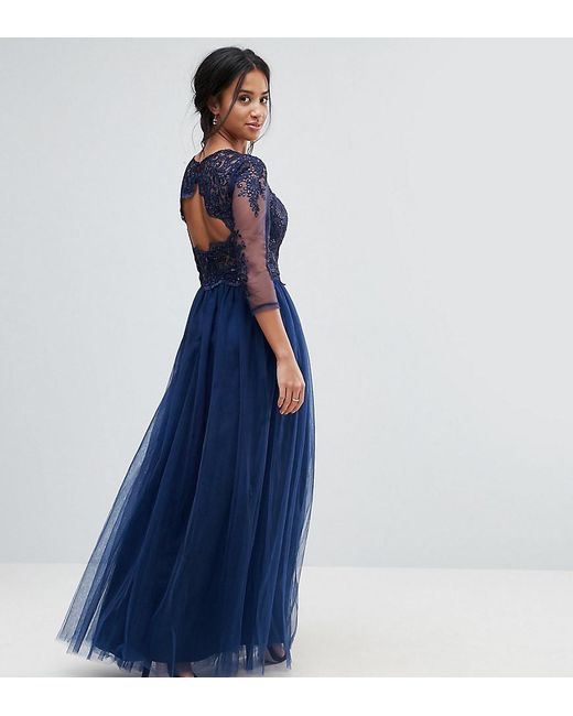 Chi Chi London Blue High Neck Maxi With Cut Out Lace Back Detail