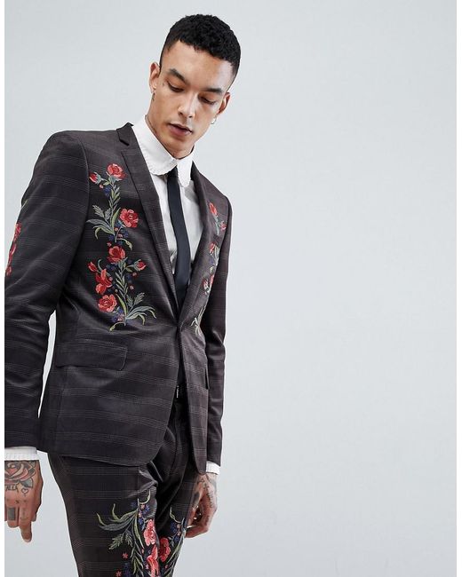 ASOS Asos Skinny Velvet Check Suit Jacket With Floral Embroidery in