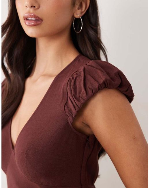 ASOS Brown Puff Sleeve V-neck Maxi Tea Dress