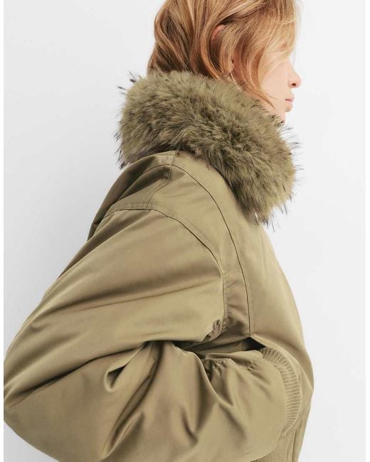 Pull&Bear Green Bomber Jacket With Fur Collar