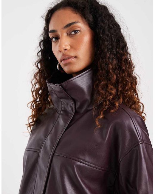 ASOS Brown Asos Design Tall Clean Leather Look Funnel Track Bomber Jacket