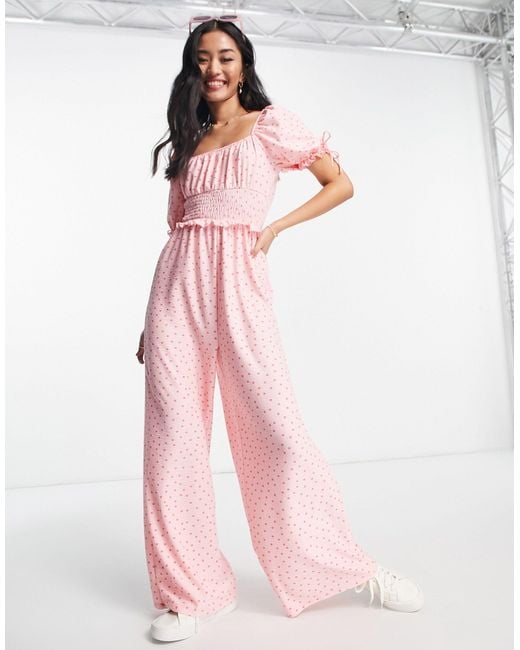 Miss Selfridge Shirred Puff Sleeve Jumpsuit in Pink Lyst